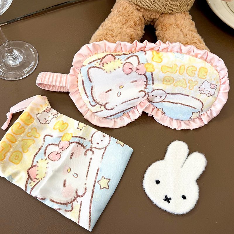 花边眼罩助眠遮光女生高铁飞机小憩创意卡通仿真丝粉蓝小猫款