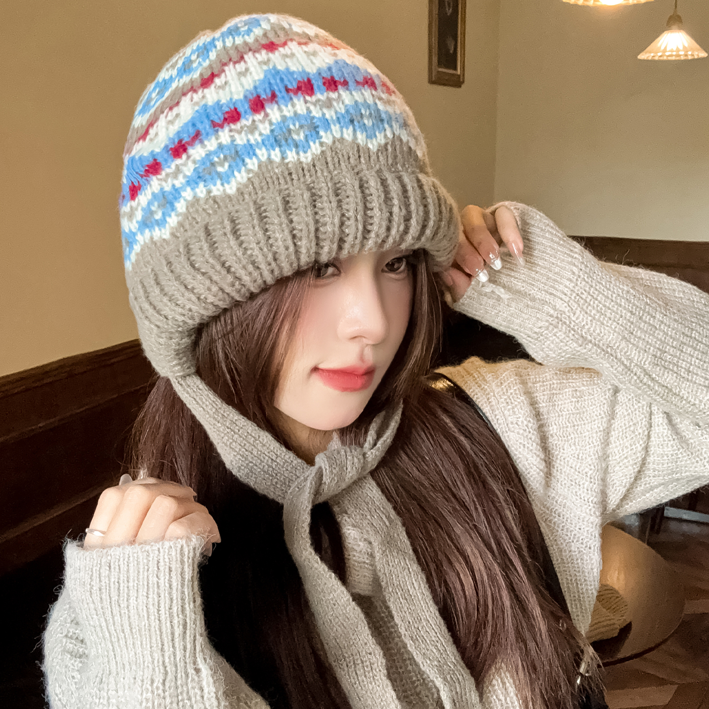 费尔岛风针织帽女冬季保暖堆堆帽