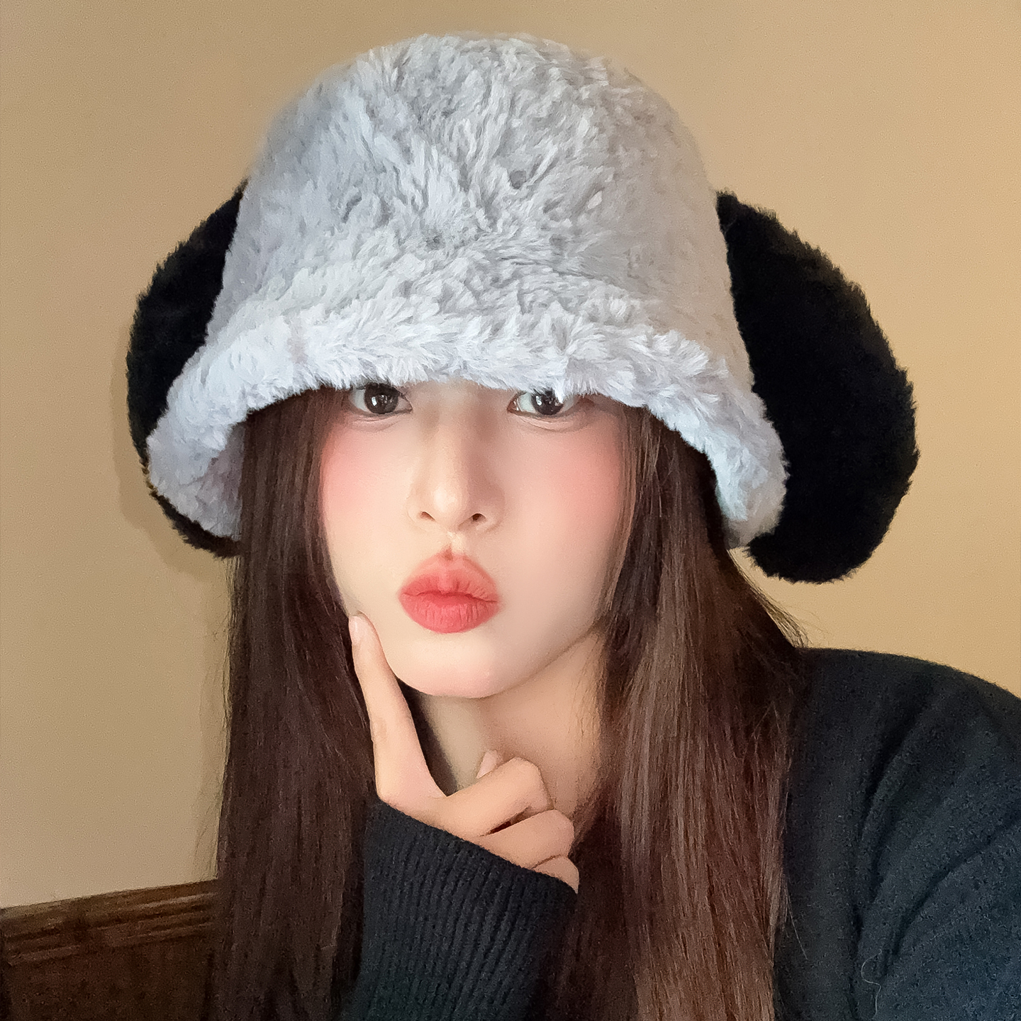 秋冬季韩版小狗耳朵渔夫帽女款加厚防风御寒保暖毛绒可爱显脸小帽