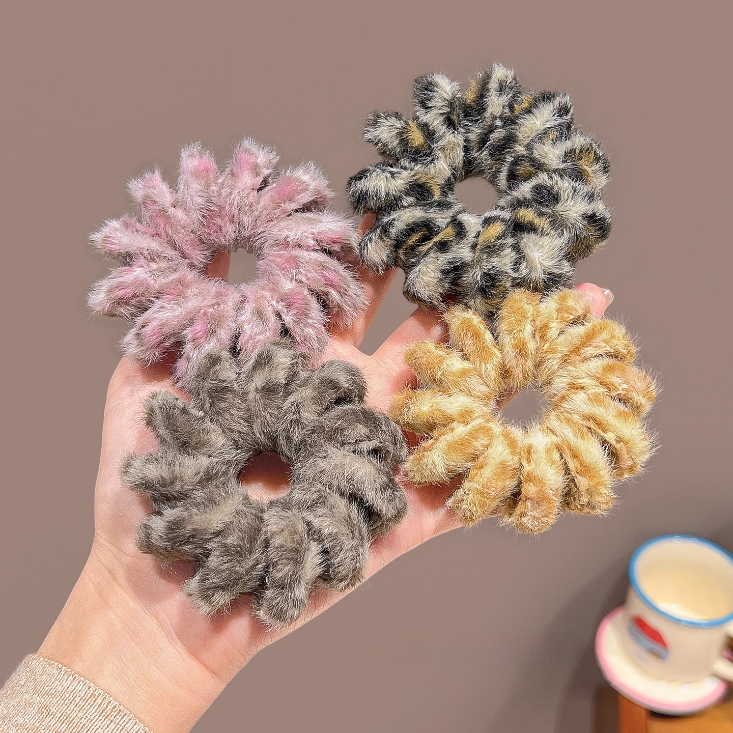 豹纹毛绒电话线发圈女高级感