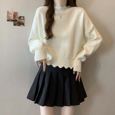 法式花边半高领正肩针织衫毛衣女秋季大码胖mm短款打底衫软糯上衣