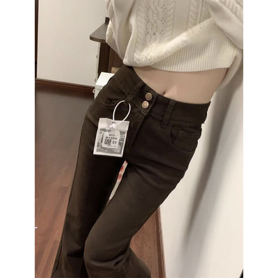 美拉德棕咖色微喇牛仔裤