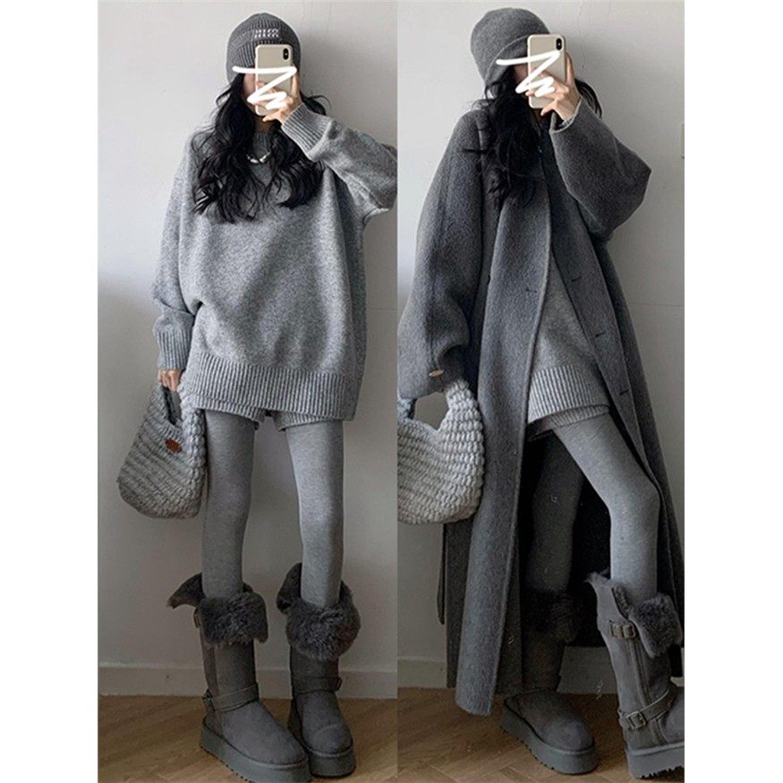 灰色毛衣针织连衣裙子女秋冬季2025新款早初秋高级感大衣内搭套装