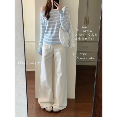 白色高腰直筒牛仔裤女202