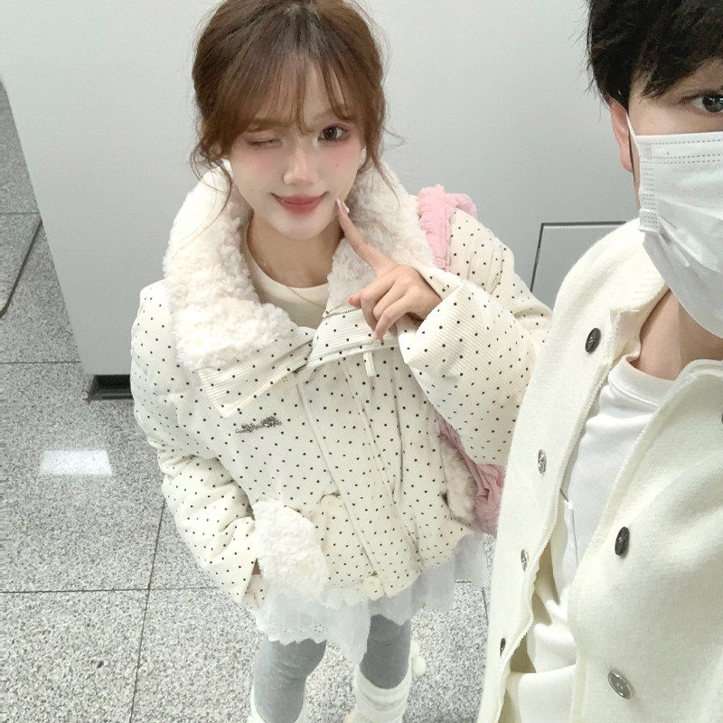 甜美波点羽绒棉服女2025