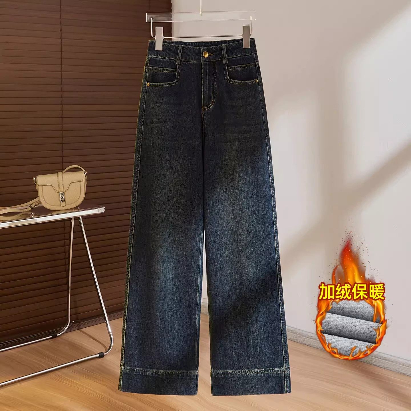 复古蓝高腰阔腿牛仔裤女2026新款梨形身材宽松显瘦垂感直筒拖地裤