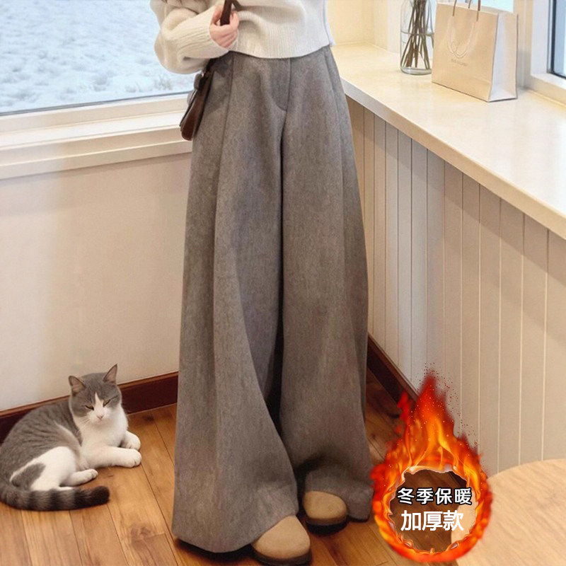 韩系简约时尚宽松显瘦休闲百搭秋冬季2025新款灰色毛呢阔腿裤女装