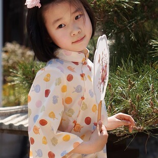 毛小姐 女童春秋旗袍中袖小礼服 圆点玉兔 国风连衣裙舒适改良