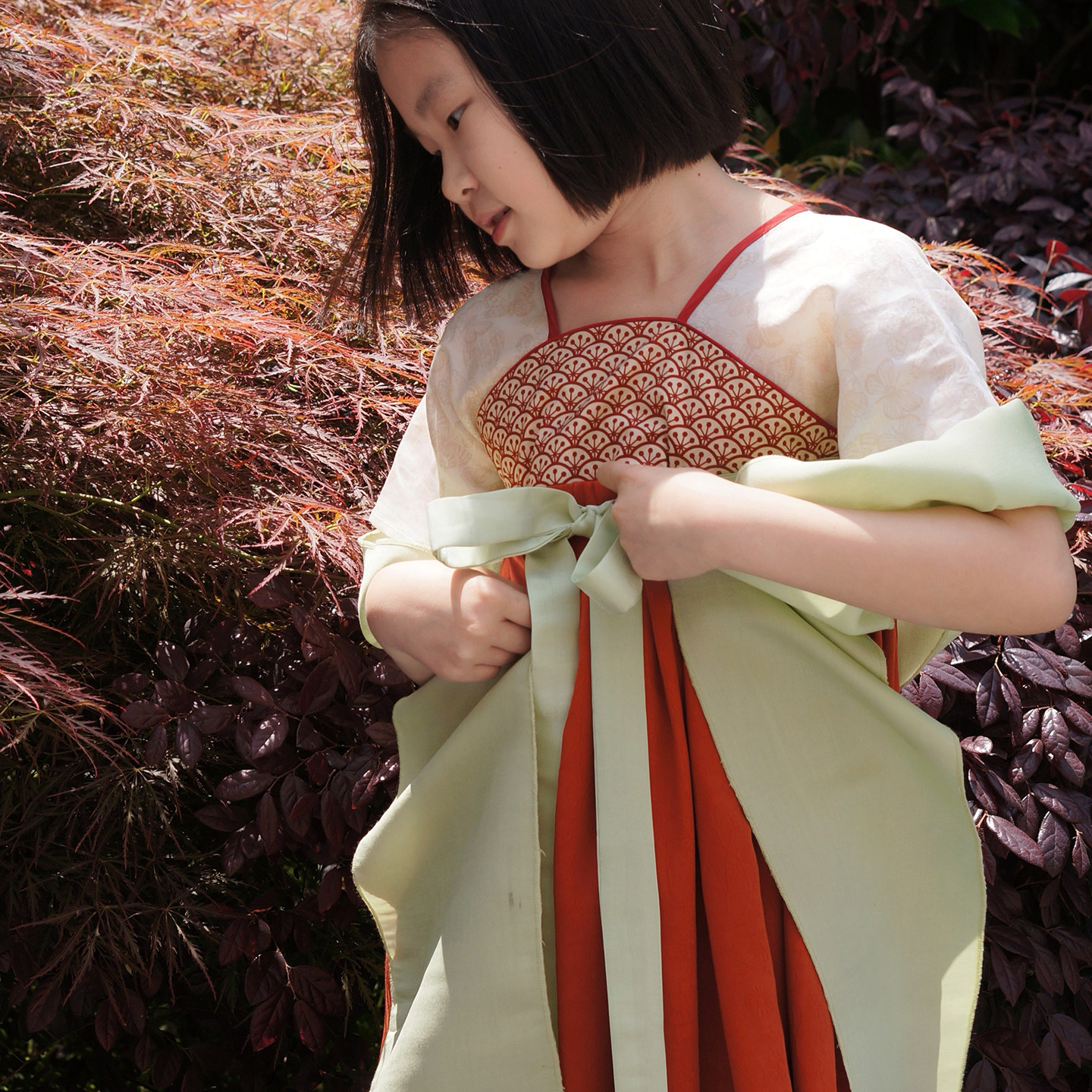 毛小姐 江花红春夏女童汉服 短袖中国风改良襦裙连衣裙 舒适棉质