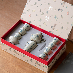 画续草木灰手绘竹子盖碗功夫茶具套装家用客厅喝茶杯带茶盘整套