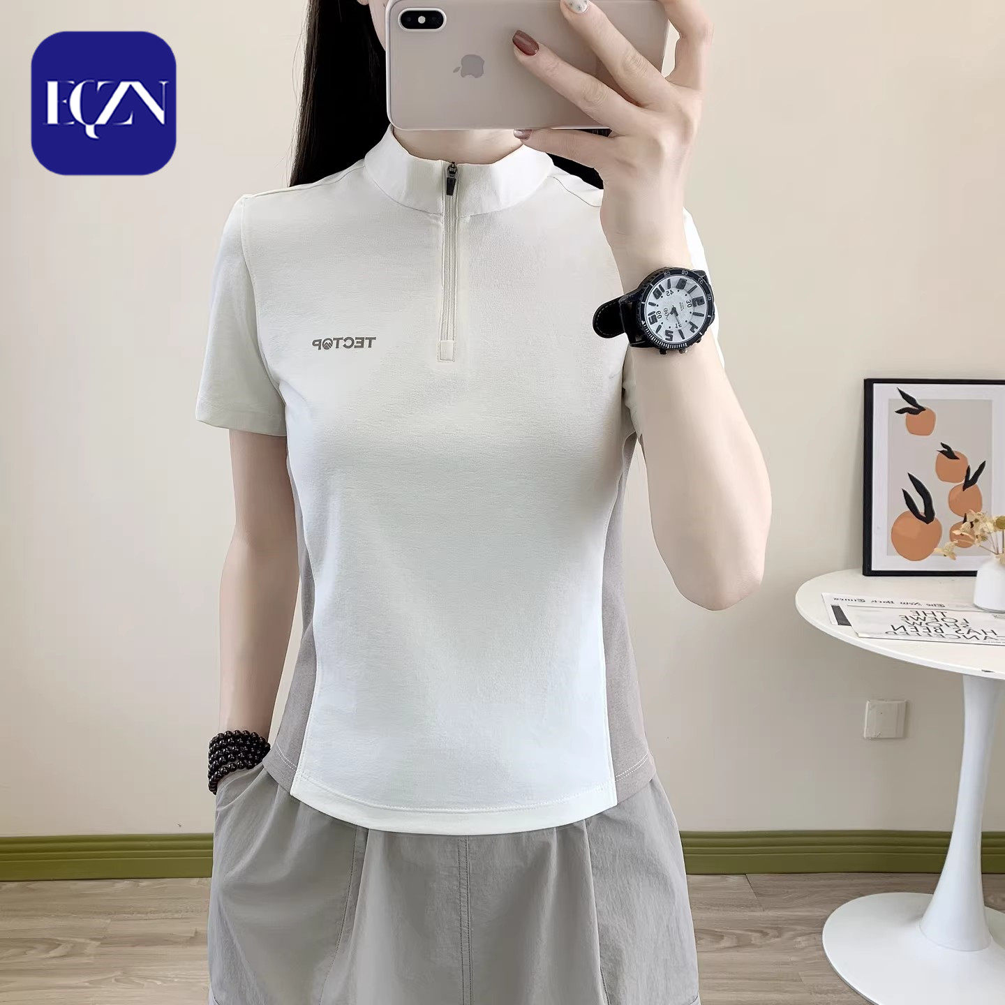 立领速干T恤女短袖夏季新款户外健身衣休闲运动半拉链防晒上衣