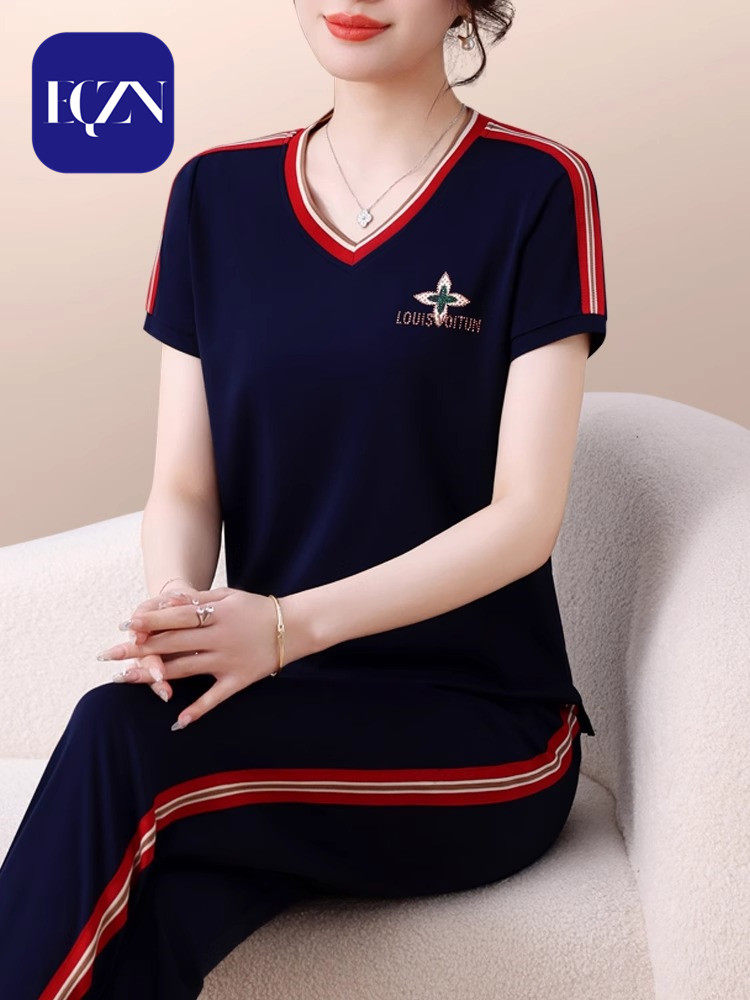 Paul Shulundo休闲运动套装女性夏季风格修身Look冰丝绸薄短袖裤