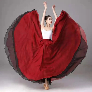 720度双层天丝雪纺超大摆半身裙度假沙滩裙高腰红色舞蹈裙