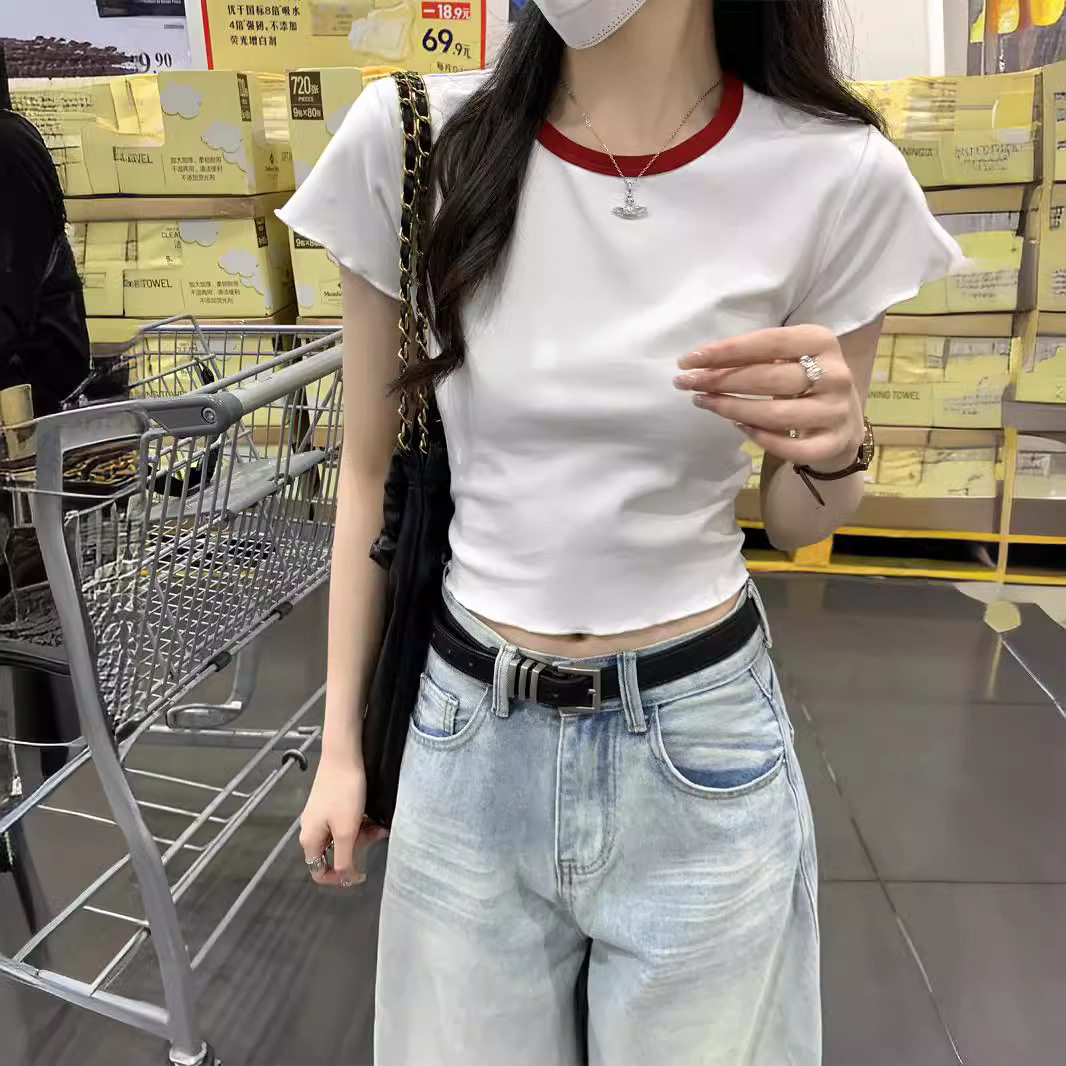 短袖T恤女夏季短款阔腿高腰牛仔裤子搭配什么上衣短装半身裙百搭