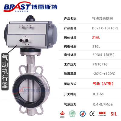 K气动不锈钢蝶阀D671X-10/16RL316L阀体316L板乙丙阀座 AT/GT型