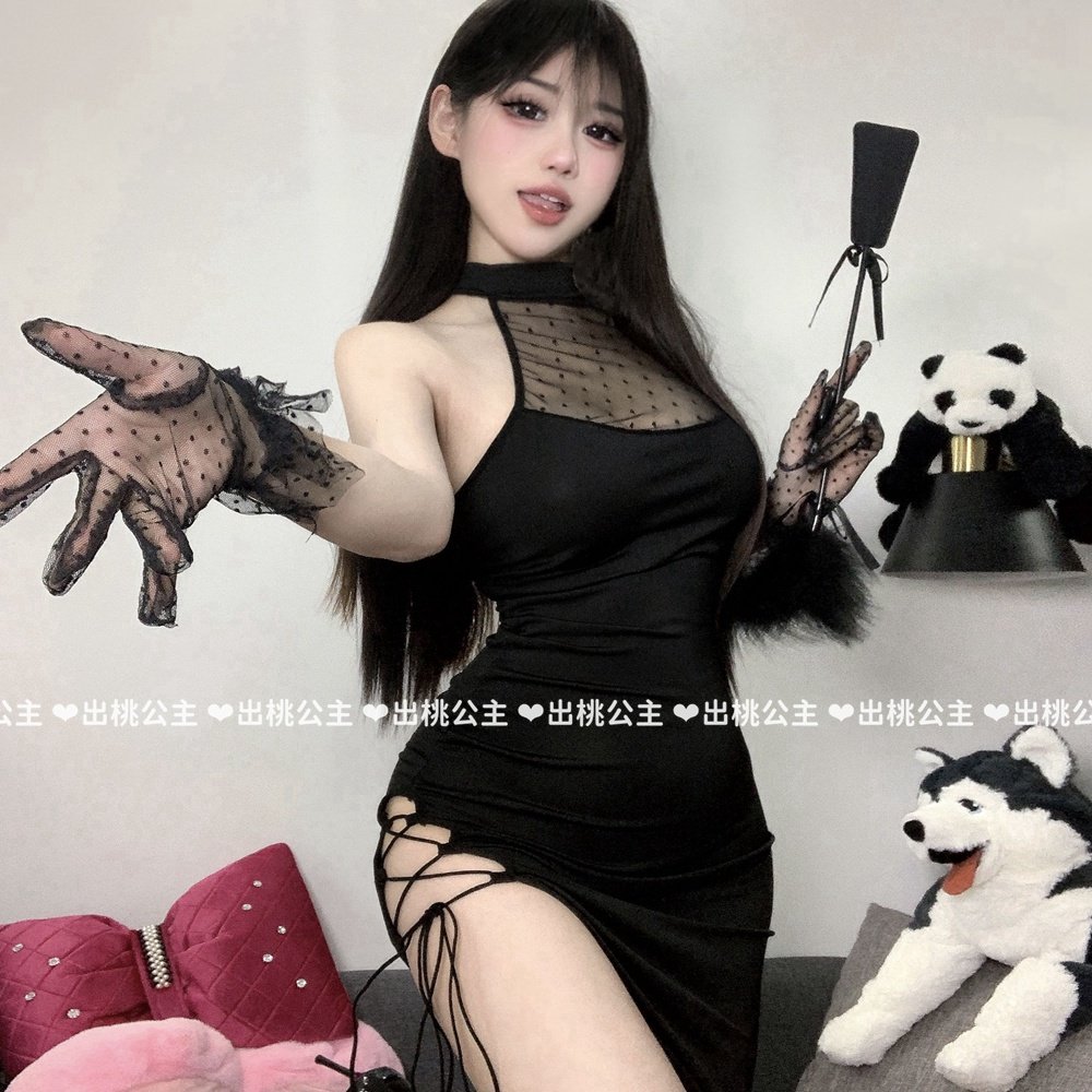 性感旗袍蕾丝波点透视高开叉短裙