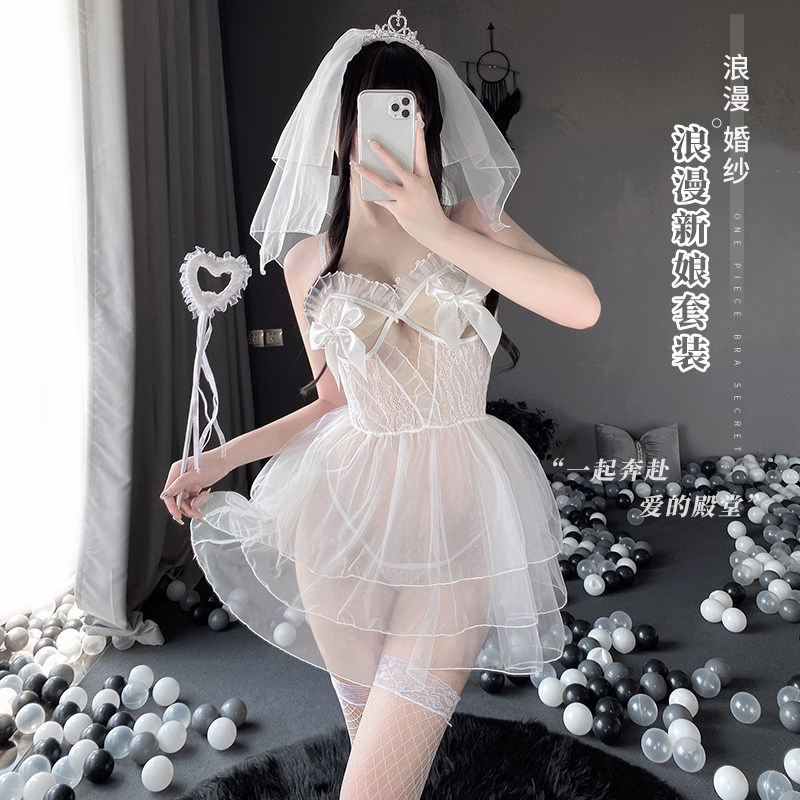 纯欲透视纯白婚纱短裙情趣套装