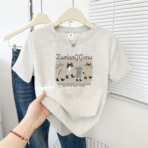 夏季2025新款可爱小猫印花圆领短袖T恤女韩版正肩显瘦设计感上衣