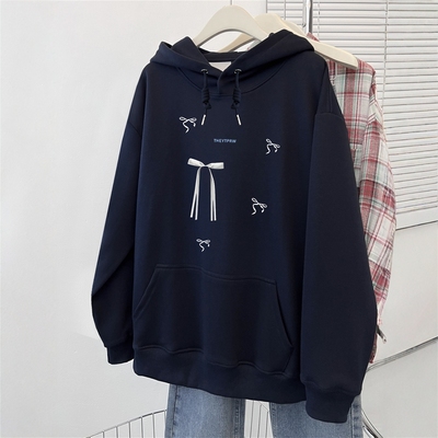 藏青色连帽加绒加厚卫衣男女宽松oversize美式复古春秋季外套上衣