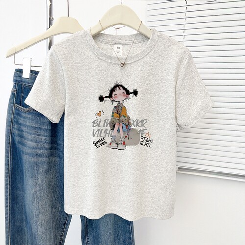 白灰色正肩圆领短袖T恤女设计感小众2025夏季新款短款显瘦上衣ins