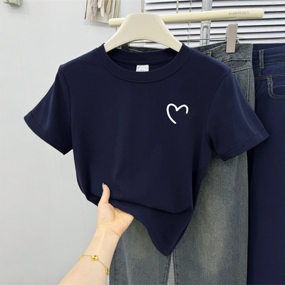 夏季新款圆领爱心短袖T恤女小个子设计感显瘦休闲百搭正肩上衣ins