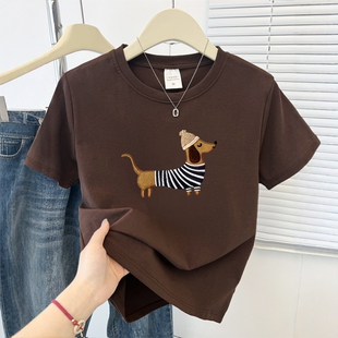 韩版 新款 休闲圆领小狗印花上衣 T恤女2026夏季 正肩百搭小个子短袖