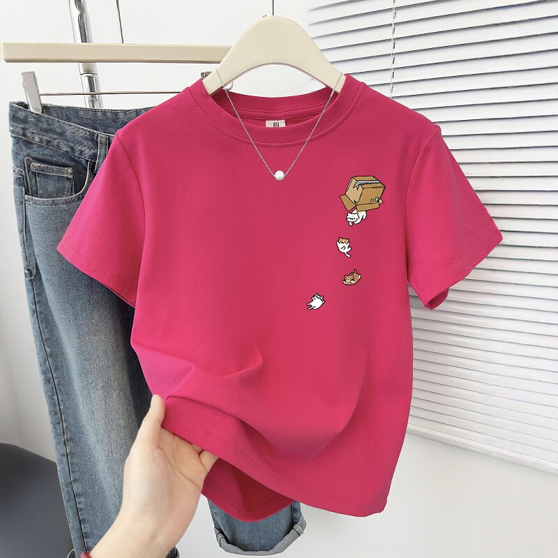 2026新款正肩印花短袖T恤女时尚显瘦小个子百搭圆领夏季半袖上衣