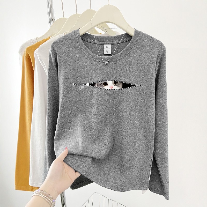 正肩可爱小猫印花长袖t恤女2025春秋新款修身显瘦打底衫圆领上衣