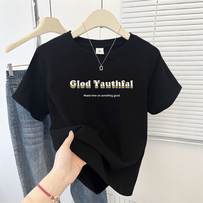 美式复古字母印花短袖T恤女夏季新款小个子正肩短款潮牌圆领上衣