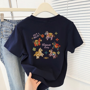 T恤女胖MM遮肉百搭正肩上衣 本命年前后小马印花短袖 2026夏季 新款