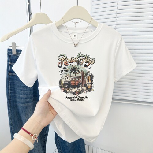 美式复古印花正肩短袖T恤女夏季新款时尚休闲圆领小个子半袖上衣