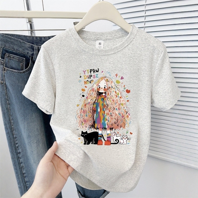 卡通女孩印花夏季2025新款圆领正肩短袖T恤学院风休闲百搭上衣ins