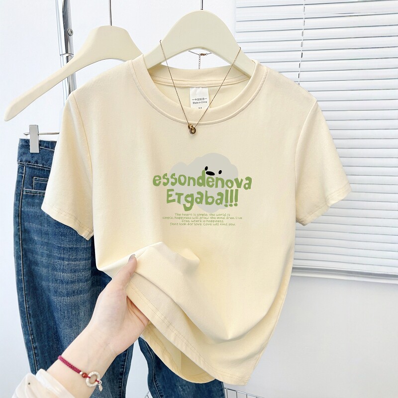 正肩百搭减龄印花短袖t恤女潮牌设计感胖mm大码遮肉显瘦夏季上衣