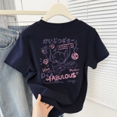 正肩卡通印花圆领短袖 洋气藏青色减龄上衣 时尚 T恤女夏季 2025新款