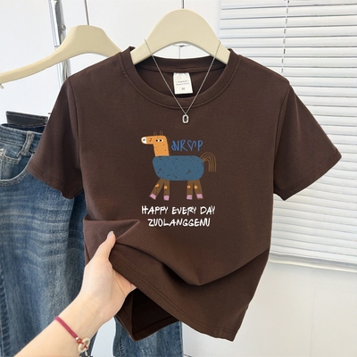 咖啡色正肩印花T恤女短袖2025夏季新款休闲百搭小个子短款上衣ins