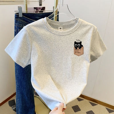 卡通猫咪印花夏季正肩短袖T恤女2025新款韩系学院风百搭显瘦上衣