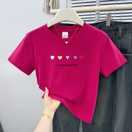 夏季2025新款正肩爱心印花短袖T恤女学院风休闲百搭显瘦上衣半袖