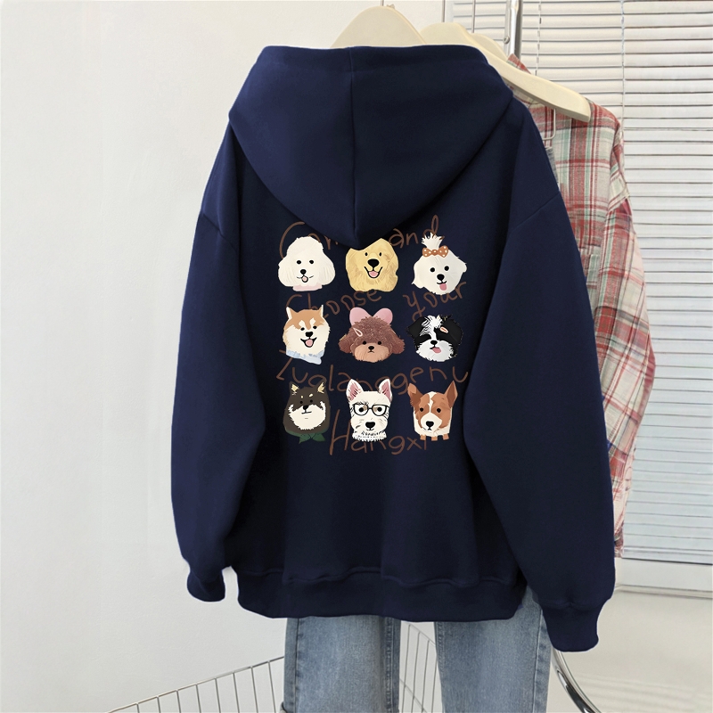 美式复古小狗狗可爱印花卫衣女秋冬季宽松加绒加厚情侣款重磅外套