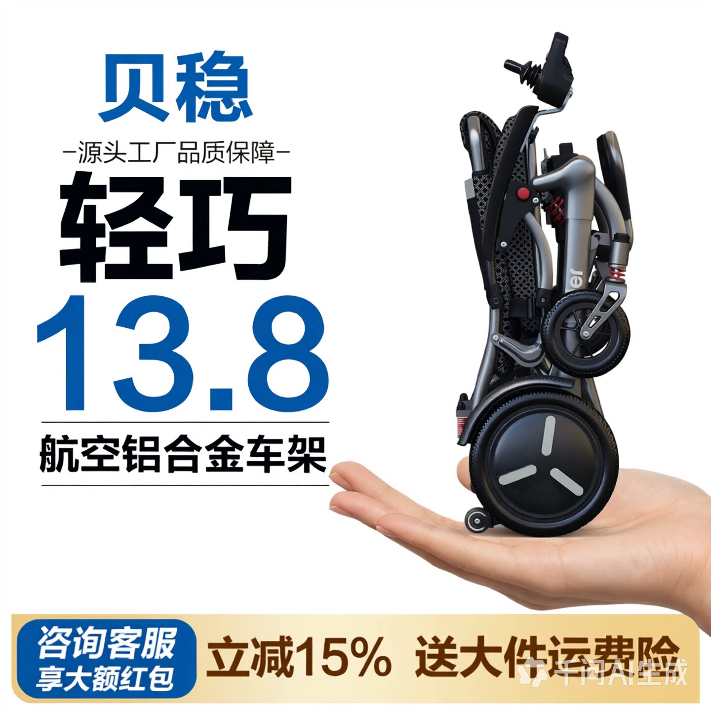 【送遥控】贝稳小金刚电动轮椅车