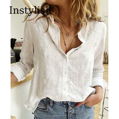 Elegant Cotton Linen Shirts Women Casual Solid Button Lapel