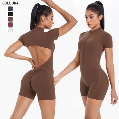 Zipper Gym Jumpsuit Short Women Yoga Sets Sports Outfits Fem