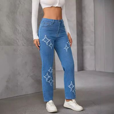 Women's Vintage Embroidery Star Denim Trousers Slimming Jean