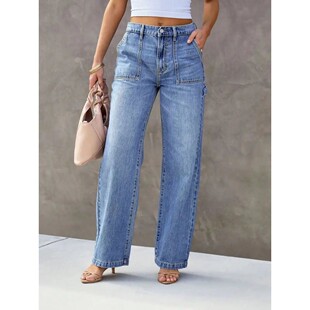 Blue Wide Stylish and Jeans Light Straight Women Leg