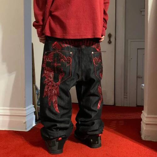 High Street Gothic Embroidered Men Black Red Pattern Y2K Hig