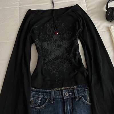Y2K Grunge Emo Pattern Top Suitable for Autumn E-Girls Mille