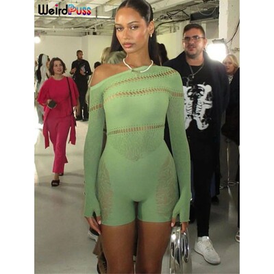 Weird Puss See Through Romper Women Sexy  Hollow Rhinestones