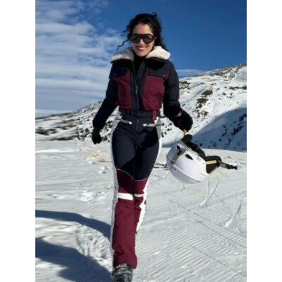 Woman Fashion Color Blocked Zipper Ski Suit With Belt Chic L