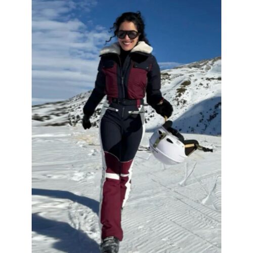 Woman Fashion Color Blocked Zipper Ski Suit With Belt Chic L