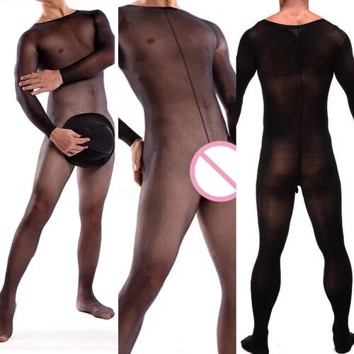 Mens Full Bodysuit Crotchless Black Beige See-Through Sexy B