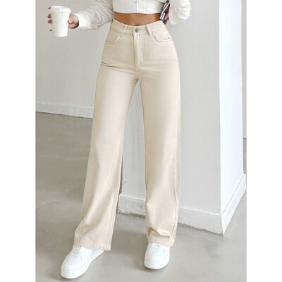 Women's autumn jeans, made of cotton denim, in a beige apric